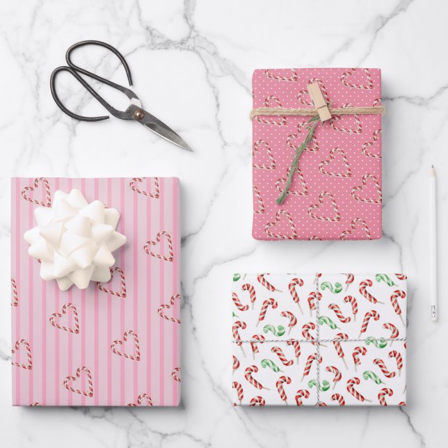 blush pink girly cute candy cane heart pattern wrapping paper sheet (Front)