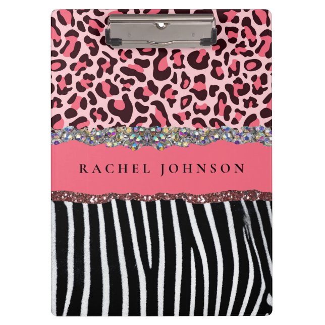 Blush Pink Girly Glitter Leopard Print Spiral  Not Clipboard (Front)