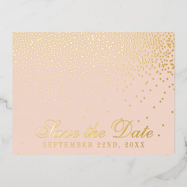 Blush Pink & Glam Confetti Save The Date Real Foil Invitation Postcard (Front)