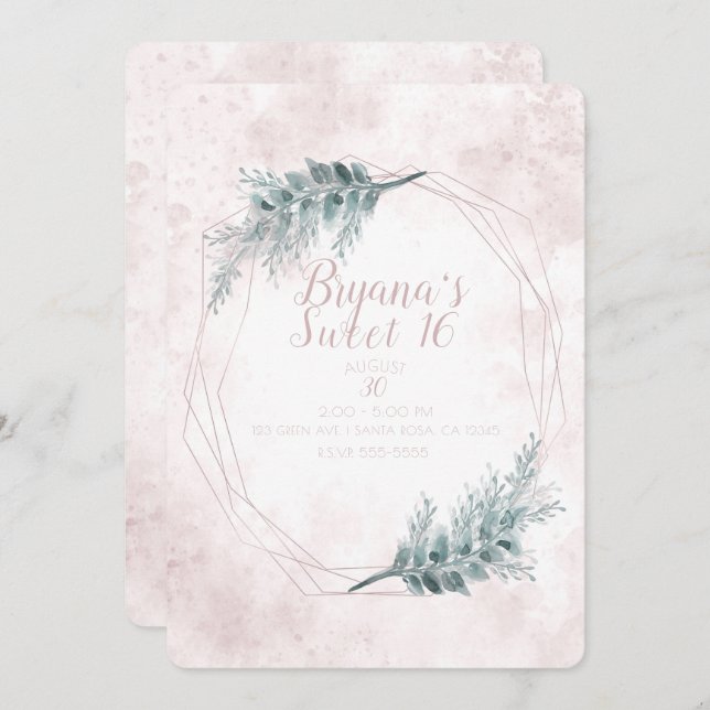 Blush Pink Glam Geometric Botanical Sweet 16 Party Invitation (Front/Back)