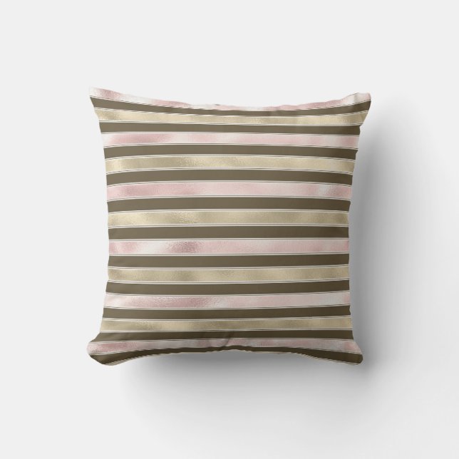Blush Pink Glam Gold Brown Stripes Cushion (Front)
