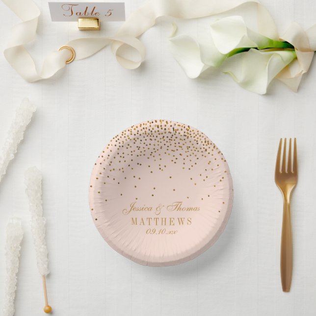 Blush Pink & Glam Gold Confetti Wedding Paper Plate (Wedding)