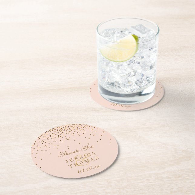 Blush Pink & Glam Gold Confetti Wedding Round Paper Coaster (Insitu)