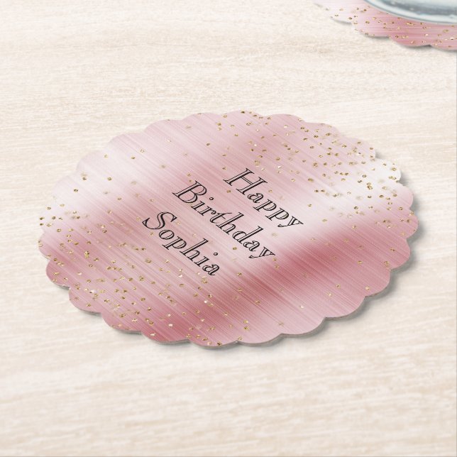 Blush Pink Glam Gold Sparkle Confetti Birthday Paper Coaster (Angled)