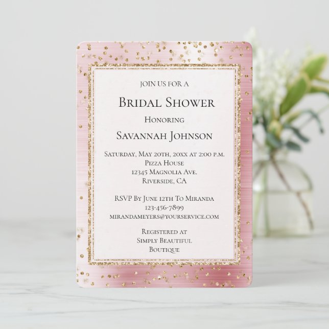 Blush Pink Glam Sparkle Confetti Bridal Shower Invitation (Standing Front)