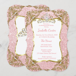 Blush Pink Glitter Birthday Party Gold White Tiara Invitation