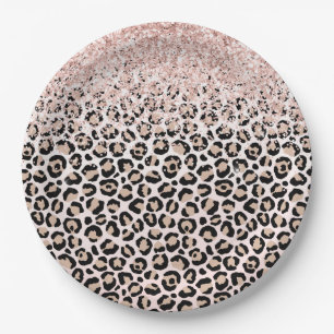 Blush Pink Glitter Black Cream Leopard Print    Paper Plate