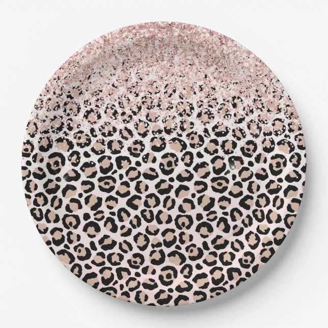 Blush Pink Glitter Black Cream Leopard Print    Paper Plate (Front)