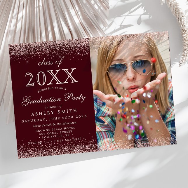 Blush Pink Glitter Burgundy Photo Graduation Invitation (Creator Uploaded)