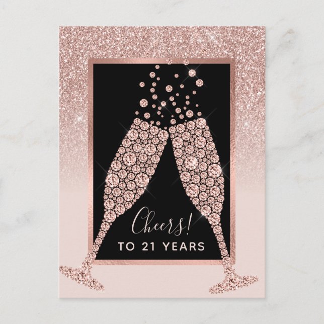 Blush Pink Glitter Champagne Toast 21st Birthday Postcard (Front)