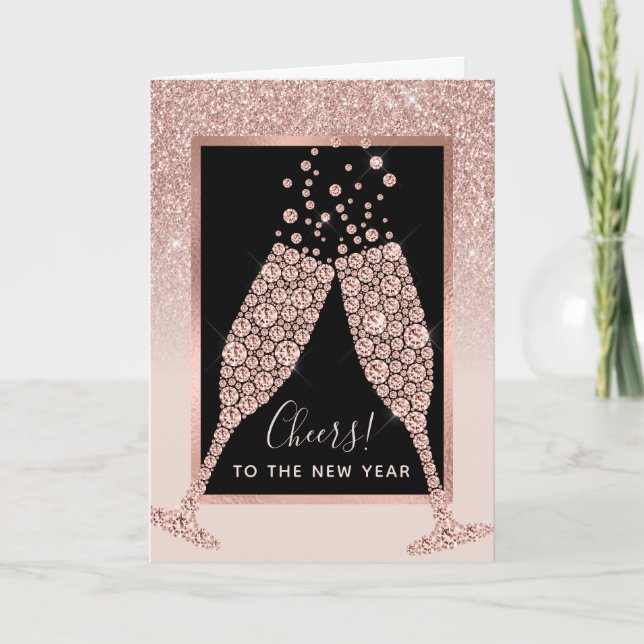 Blush Pink Glitter Champagne Toast New Year Card (Front)