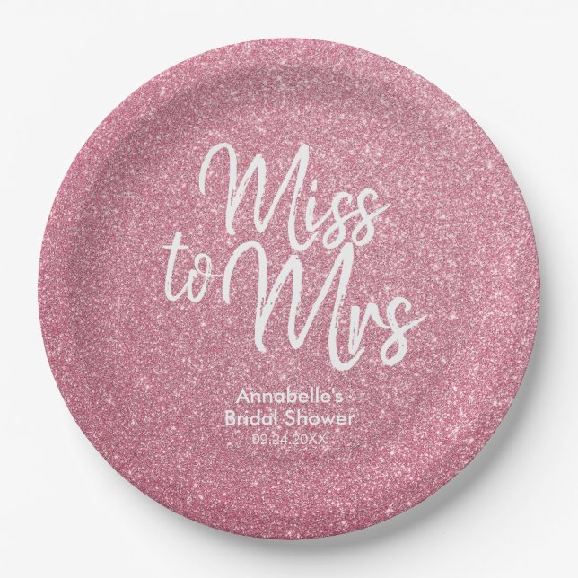 Blush Pink Glitter Chic Miss to Mrs Bridal Shower Paper Plate (Front)
