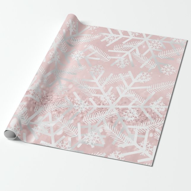 Blush Pink Glitter Christmas Holiday Snowflake Joy Wrapping Paper (Unrolled)