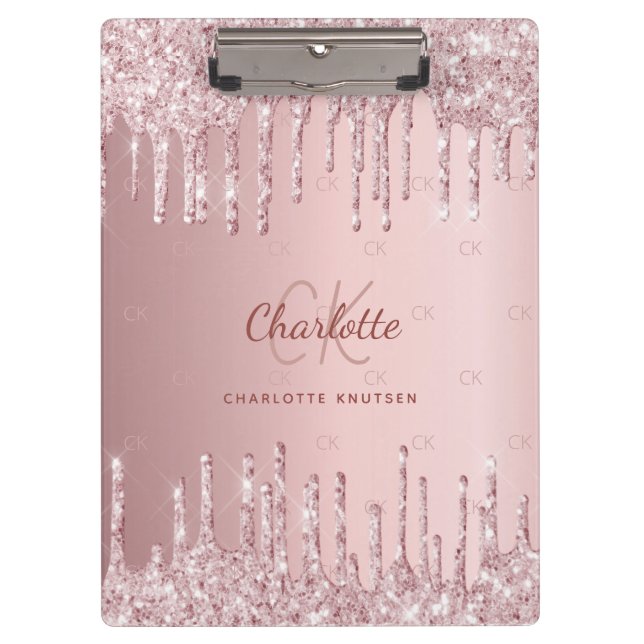 Blush pink glitter drip monogram script clipboard (Front)