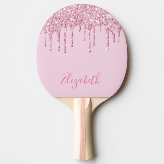 Blush pink glitter drip name ping pong paddle (Front)