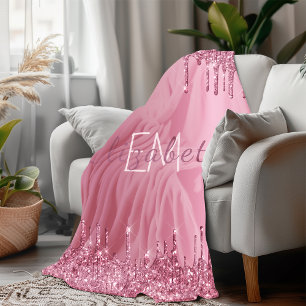 Blush Pink Glitter Dripping Monogram Personalised Fleece Blanket
