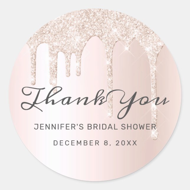 Blush Pink Glitter Drips Bridal Shower Thank You Classic Round Sticker (Front)