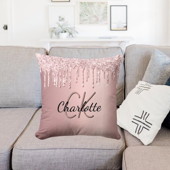 Blush pink glitter drips custom monogram name cushion (Creator Uploaded)