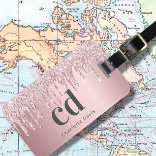 Blush pink glitter drips custom monogram name grey luggage tag