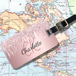 Blush pink glitter drips custom monogram name luggage tag