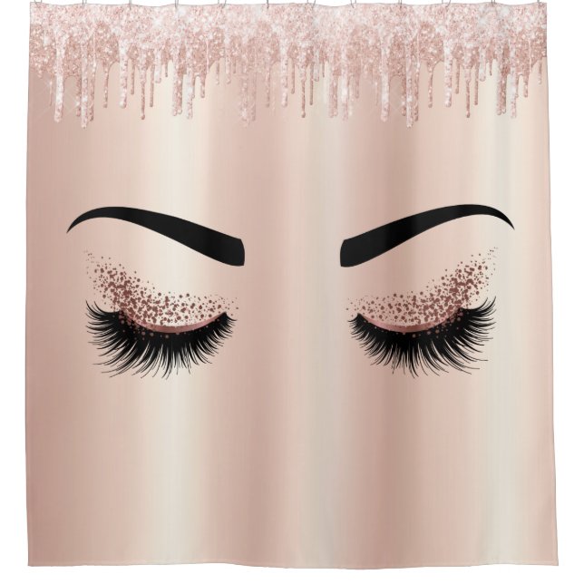 blush pink glitter drips eyes lashes rose gold shower curtain (Front)