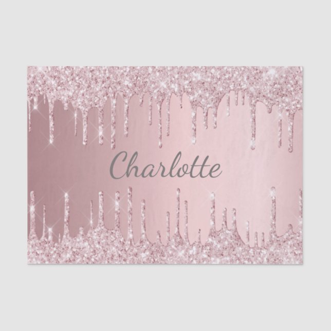 Blush pink glitter drips girly monogram tissue paper (Front)
