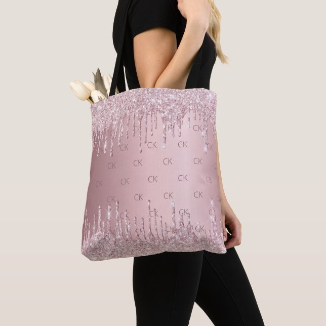 Blush pink glitter drips monogram elegant tote bag (Close Up)