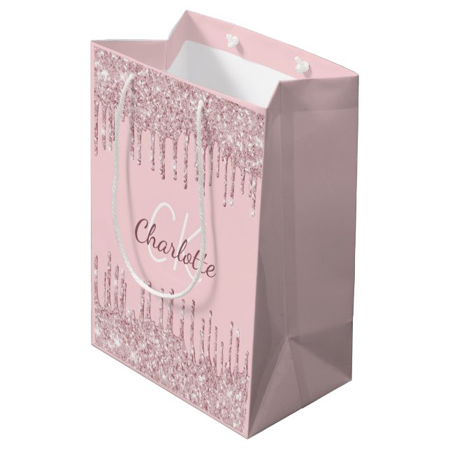 Blush pink glitter drips monogram script luxury medium gift bag (Back Angled)