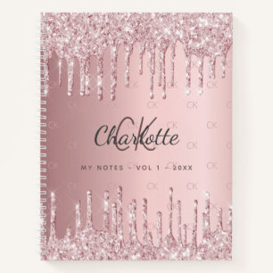 Blush pink glitter drips monogram script notebook