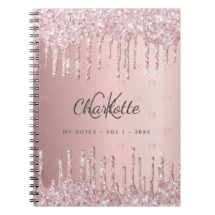 Blush pink glitter drips monogram script notebook