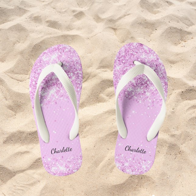 Blush pink glitter drips name girl  kid's flip flops (Creator Uploaded)