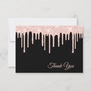 Blush Pink Glitter Drips on Black Thank You Card