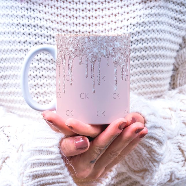 Blush pink glitter drips sparkle monogram coffee mug (Creator Uploaded)