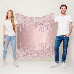 Blush pink glitter drips sparkle monogram fleece blanket