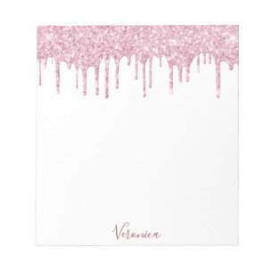 Blush pink glitter drips white name notepad