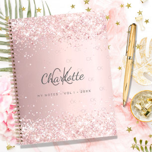 Blush pink glitter dust monogram script notebook