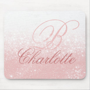 Blush Pink Glitter Girly Script Monogram Name Mouse Mat