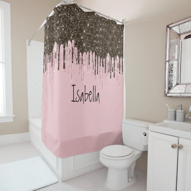 Blush Pink Glitter Girly Sparkle Personalised Name Shower Curtain (In Situ)