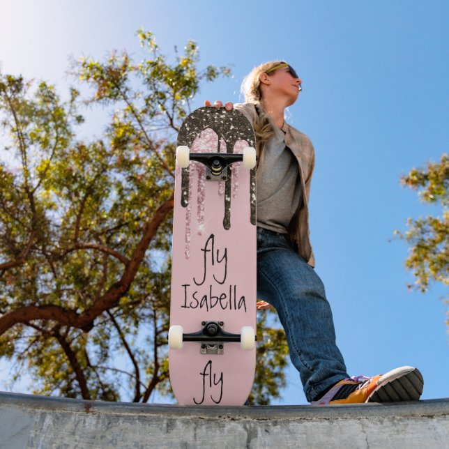 Blush Pink Glitter Girly Sparkle Personalised Name Skateboard (Outdoor 1)