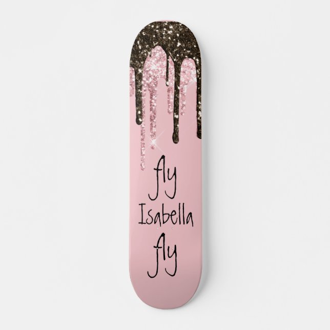 Blush Pink Glitter Girly Sparkle Personalised Name Skateboard (Front)