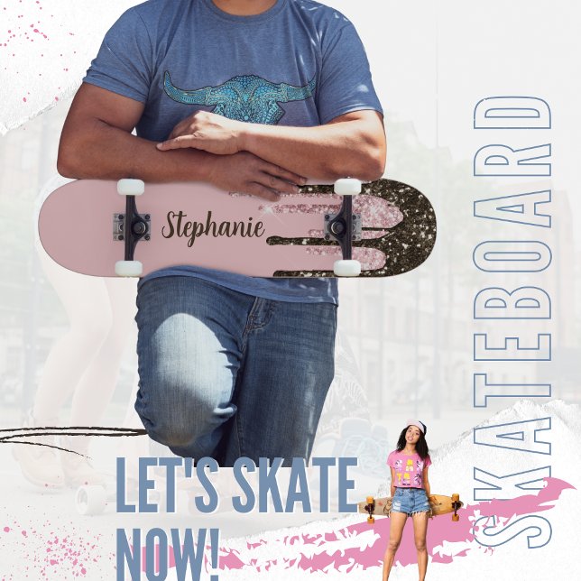 Blush Pink Glitter Girly Sparkle Personalised Name Skateboard (Creator Uploaded)