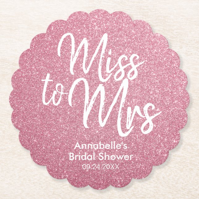 Blush Pink Glitter Glam Miss to Mrs Bridal Shower Paper Coaster (Front)