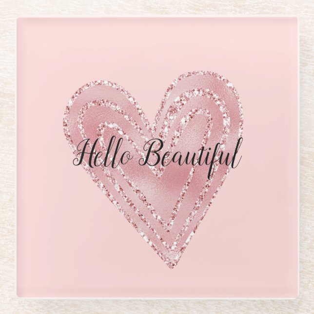 Blush Pink Glitter Glitzy Heart Glass Coaster (Front)