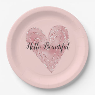 Blush Pink Glitter Glitzy Heart Paper Plate