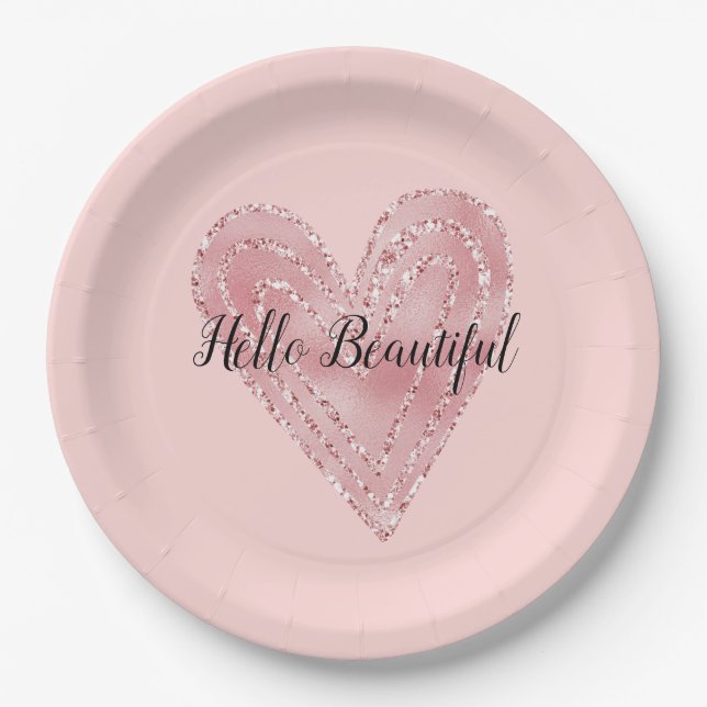 Blush Pink Glitter Glitzy Heart Paper Plate (Front)