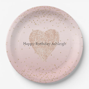 Blush Pink Glitter Love Gold Confetti Heart Paper Plate
