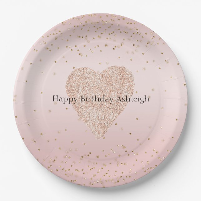 Blush Pink Glitter Love Gold Confetti Heart      Paper Plate (Front)