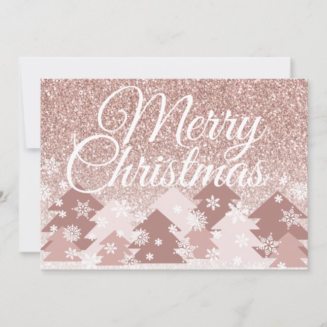 Blush Pink Glitter Merry Christmas Pink Trees Holiday Card (Front)