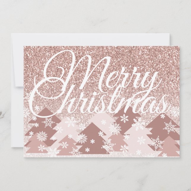 Blush Pink Glitter Merry Christmas Pink Trees Holiday Card (Front)