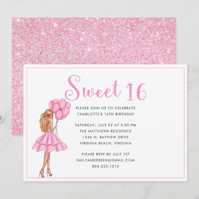 Blush Pink Glitter Modern Sweet 16 Birthday Party  Invitation (Front/Back)